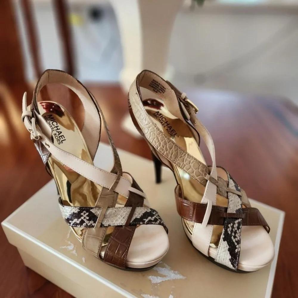 Michael Kors Niki Cross Strap Snake/leather Bone color platform 5 in heels - Picture 5 of 9